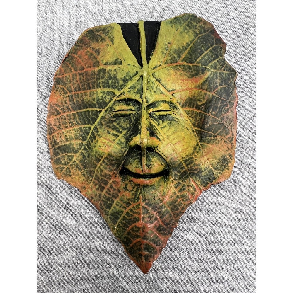 Jef Raasch JSH 2016 Green Man Leaf Face Ceramic Wall Plaque Sculpture Art Signed